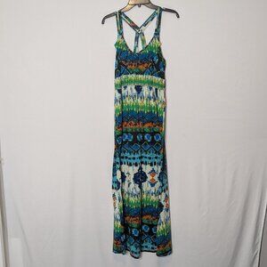 NO BOUNDARIES Blue/Green Knit Maxi Halter Tank Dress; Neck Ruffle; Size L